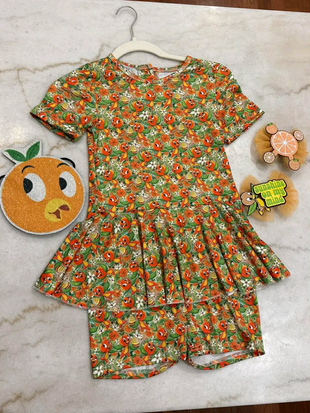 Orange Bird Girl's Peplum Set with Matching Purse and Hair Bows