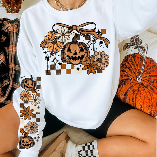 Pumpkin Floral Checkers with Bow Sweatshirt or T-shirt