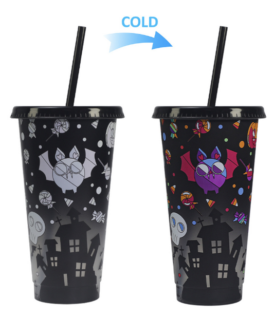 Halloween Bat Color Changing Reusable Cold Cups w/ straw