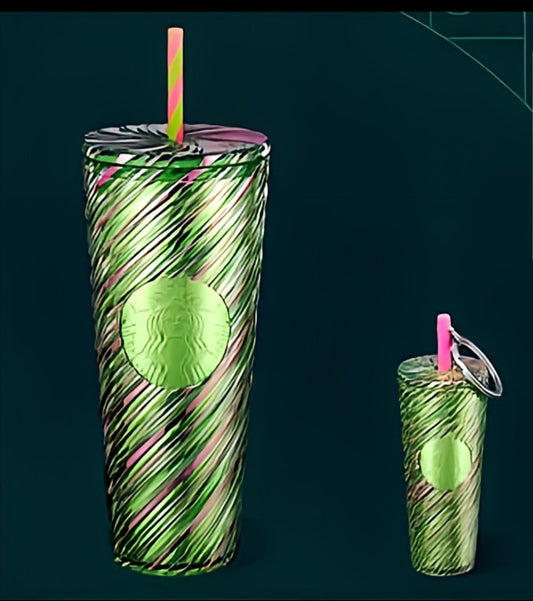 Starbucks  Pink & Green Swirl Wicked Cold Cup and Matching Key Chain