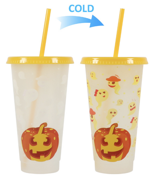 Halloween Pumpkin Ghost Color Changing Reusable Cold Cups w/ straw