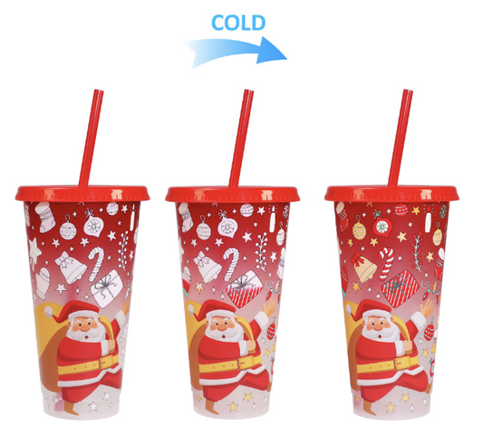 Christmas Santa Color Changing Reusable Cold Cups w/ straw