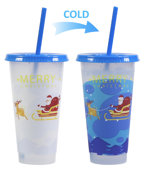 Christmas Sleigh Ride Changing Reusable Cold Cups w/ straw