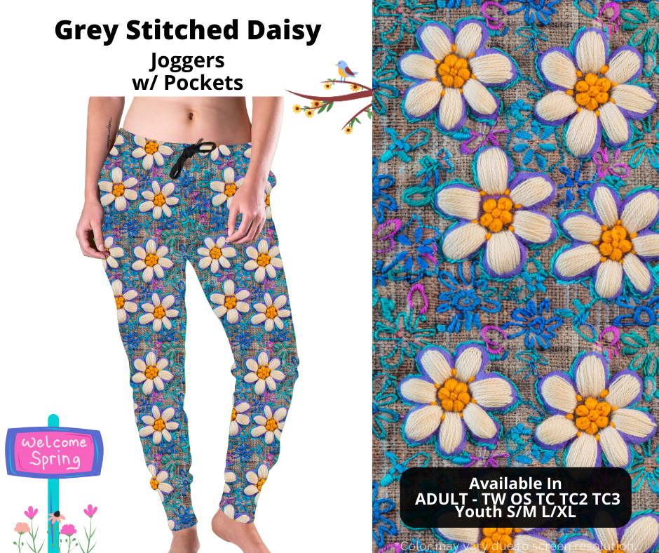 Preorder! Closes 1/22. ETA April. Grey Stitched Daisy Joggers