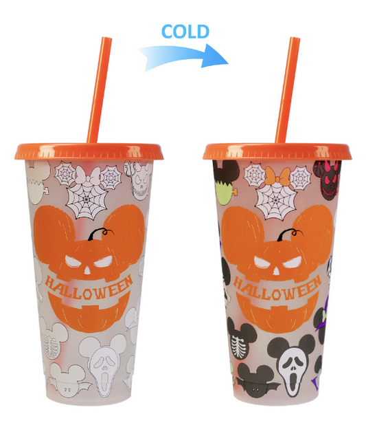 Halloween Pumpkin Mickey Color Changing Reusable Cold Cups w/ straw