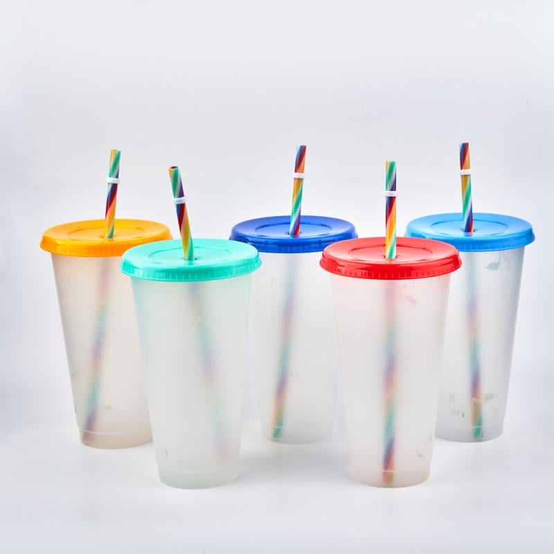 Cold Water Marble Color Changing Reusable Confetti Swirl Cups with Rainbow straw - 5 Pack