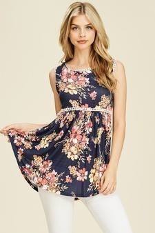 Baby Doll Sleevless Floral Women's Top - Navy