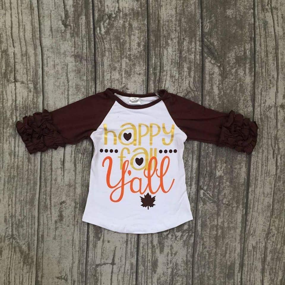 Girl's "Happy Fall Y'all"  Long Sleeve Raglan Ruffle Shirt