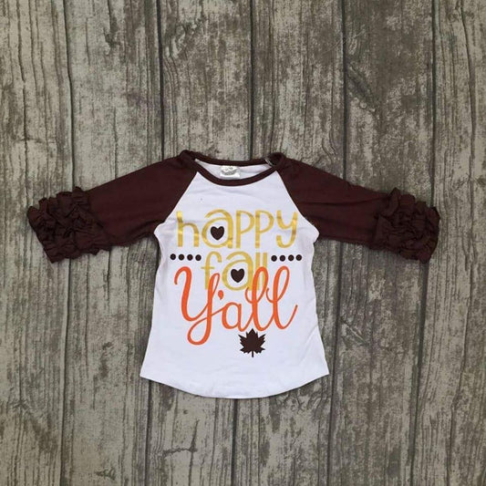 Girl's "Happy Fall Y'all"  Long Sleeve Raglan Ruffle Shirt
